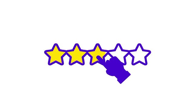 A purple hand reaches out to select the fifth star in a row of yellow outlines to demonstrate a user giving a maximum rating or providing feedback on a product or service experience