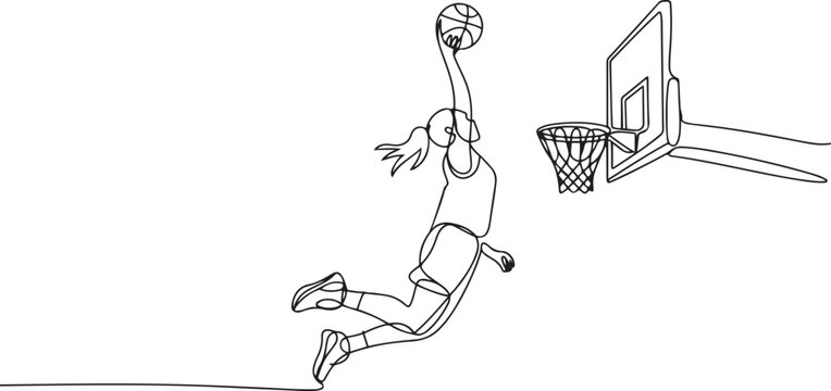 female basketball player doing a dunk.one line vector illustration with white background