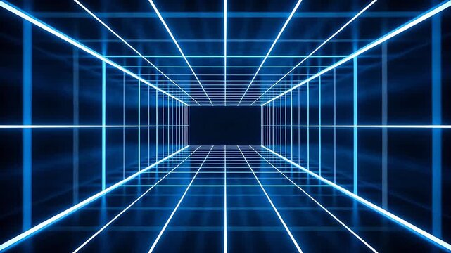 Blue neon grid tunnel with digital lines in cyberspace