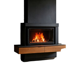 Modern fireplace with burning flames and wood trim