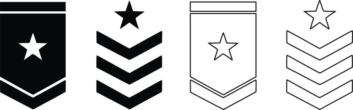 Military rank insignia icons set, sergeant and officer chevron badges with stars, vector illustration.