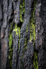Obraz premium Close-up of dark, textured lava rock with bright green moss growing in the cracks. Concept Close-up lava rock, Dark textured surface, Bright green moss, Cracked rock details, Nature macro shot