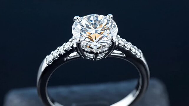 A luxurious diamond ring with a large round brilliant diamond on a dark background is showcased from a close-up front view