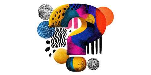 A vibrant, textured question mark composed of various colorful, overlapping geometric shapes against a black background