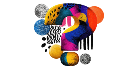 A vibrant, textured question mark composed of various colorful, overlapping geometric shapes against a black background