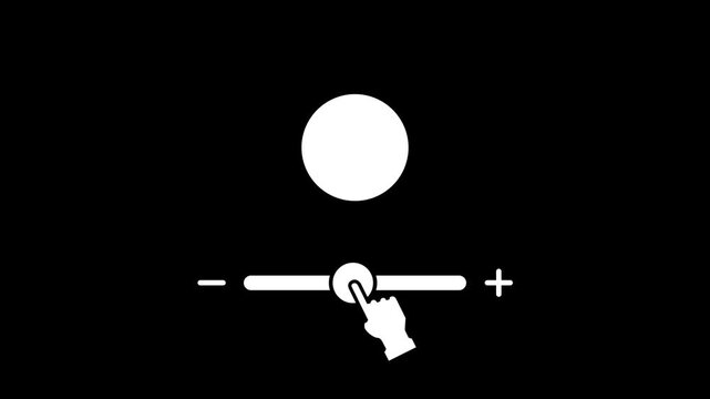 A white circle is positioned above a horizontal bar with minus and plus signs as a hand adjusts the slider to represent the manual control of brightness or general scale levels