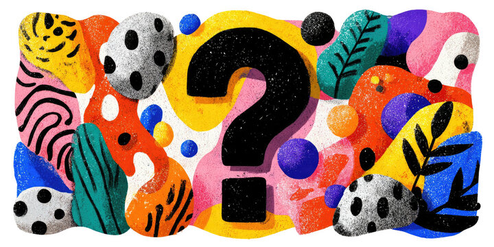 Colorful, abstract illustration with a large question mark, surrounded by organic shapes and textures