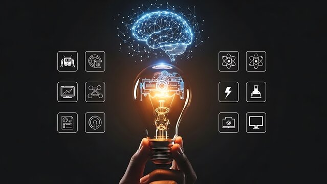 Person holding lightbulb with glowing filament mechanical brain hands technology innovation - Powered by Adobe