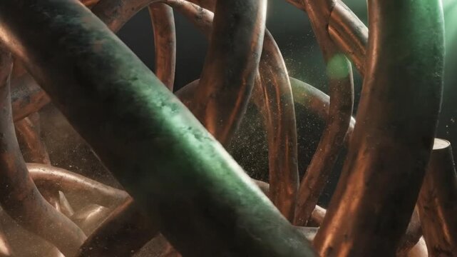 Abstract close-up of tangled copper pipes with a hint of verdigris