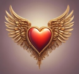 Love heart with golden wings, fantasy romance concept, smooth gradients, clean background