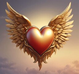 Love heart with golden wings, fantasy romance concept, smooth gradients, clean background
