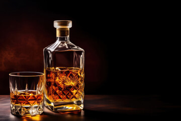 Photo of a whiskey glass and whiskey bottle.