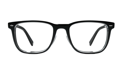 A pair of black-framed glasses, classic design, transparent lenses, isolated on a black background