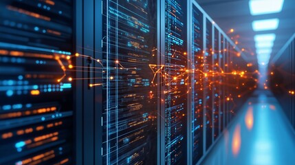Server racks with glowing digital data flow. Big data network processing and storage