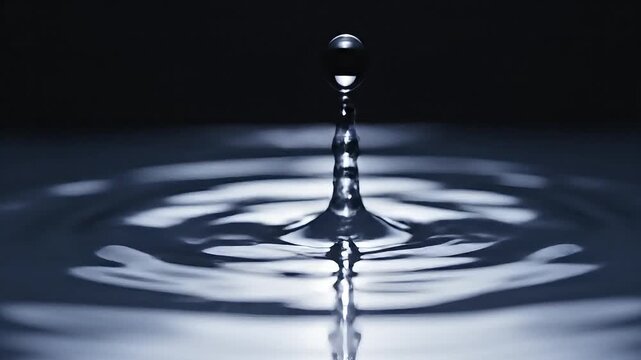 A solitary water drop creates ripples in a serene body of water, captured from a high vantage point.