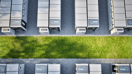 Group of energy storage systems or battery container units top view