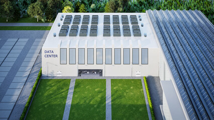 Data center building exterior with solar panels on roof