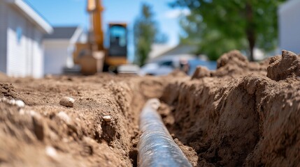 Fototapeta premium The dug trench in the ground provides a clear view of the installation of pipes, illustrating the intricate process of laying down essential services that support both residential and commercial