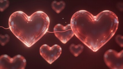 Obraz premium Translucent glowing glass hearts connected by a luminous neon wire, representing digital human connection and modern emotional networking.