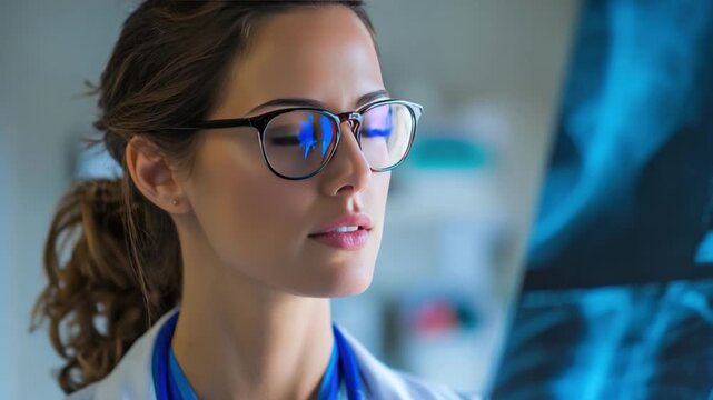 Healthcare Diagnosis: A focused healthcare professional, framed against the soft glow of a medical office, carefully studies an X-ray, demonstrating a dedication to precision.