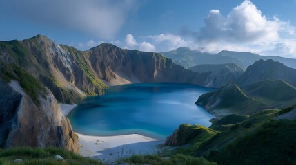 The juxtaposition of a volcanic crater lake and surrounding dramatic cliffs invites adventure seekers and landscape lovers to discover the captivating intricacies of nature’s geological artistry in