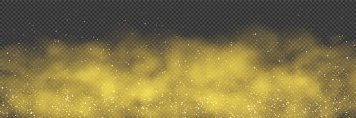 Obraz premium A yellow misty bg with golden sparks of fire. Yellowish witchcraft smoke with sparkles. A spooky witchy fog or vapor with stars. Vector illustration with gradient mesh and overlay effects