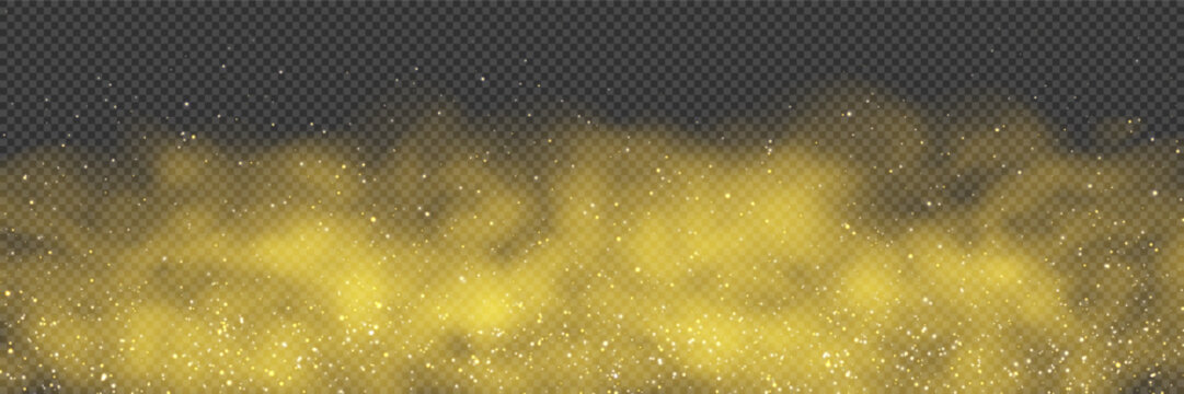 A yellow misty bg with golden sparks of fire. Yellowish witchcraft smoke with sparkles. A spooky witchy fog or vapor with stars. Vector illustration with gradient mesh and overlay effects