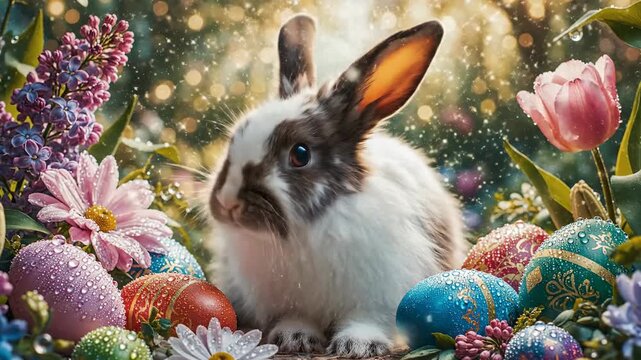 Fluffy bunny sits among decorated Easter eggs and blooming flowers, light bokeh background