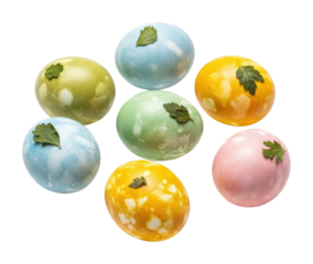 Colorful easter eggs display spring celebration food bright kitchen isolated on transparent background