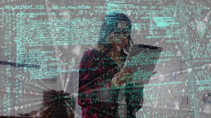 Animation of data processing over businesswoman using tablet - Powered by Adobe
