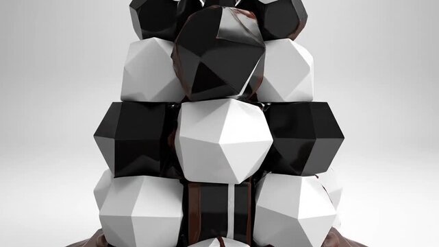A surreal 3D rendering of stacked polyhedral objects in black and white, showcasing geometric complexity and abstract design.