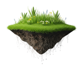 Floating island of grass and flowers nature scene fantasy environment isolated on transparent background
