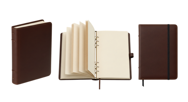 Brown leather notebooks, closed and open, isolated on transparent background - Powered by Adobe