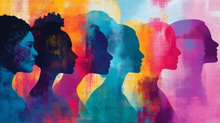 Group of women silhouette with colorful abstract texture. Female diversity concept