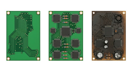 Circuit boards, various, and burnt isolated on transparent background