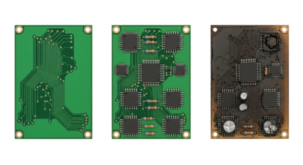 Circuit boards, various, and burnt isolated on transparent background