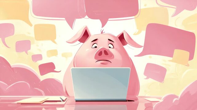 busy business pig works on computer illustrated animation