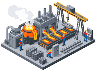 Amidst rising steam and glowing heat, workers monitor a bustling foundry where molten metal pours into casts and overhead cranes transport heavy steel slabs in a complex isometric industrial display