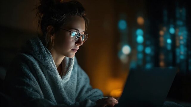Nighttime Tech: A focused individual, illuminated by the soft glow of a laptop screen, engrossed in a late-night endeavor, the background softly blurred with bokeh lights. 