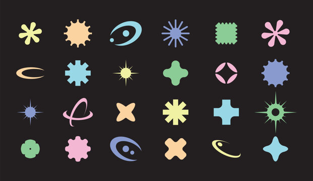 Colorful abstract symbols icons set on dark background with playful modern shapes and soft glow style. Decorative graphic elements suitable for branding, web design, posters, interfaces.