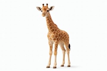 Naklejka premium Young Giraffe Wildlife Portrait Calm juvenile giraffe standing isolated on clean white background