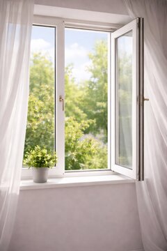 Open window bringing fresh air and green tree views