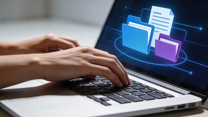 Hands typing on laptop with folder icons