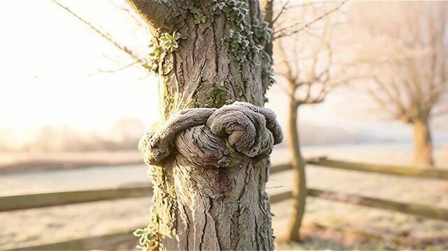 A transition from spring to winter concept. The image features a frosted tree trunk intertwined with nature's beautiful textures.