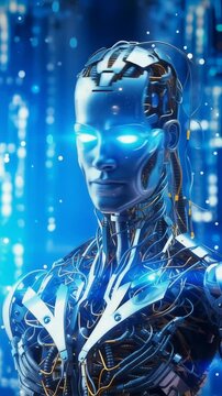 Close-up of a futuristic humanoid AI robot with glowing blue eyes in a high-tech digital environment symbolizing artificial intelligence advanced robotics and next-generation computing