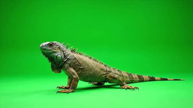 Large Green Iguana Lizard Posing on a Green Screen Background.