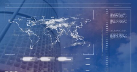 Animation of interface with data processing and world map against low angle view of tall building - Powered by Adobe