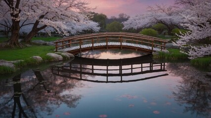 Fototapeta premium Tranquil cherry blossom scene with wooden bridge reflecting in serene pond at sunset, nature's beauty