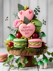 Valentine Themed Heart Macarons, Flowers, and Butterflies Dessert Arrangement Gift Cake Stand For Romantic Celebration Display