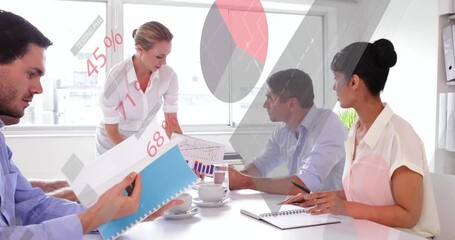 Animation of infographic interface over diverse coworkers discussing reports in meeting at office - Powered by Adobe